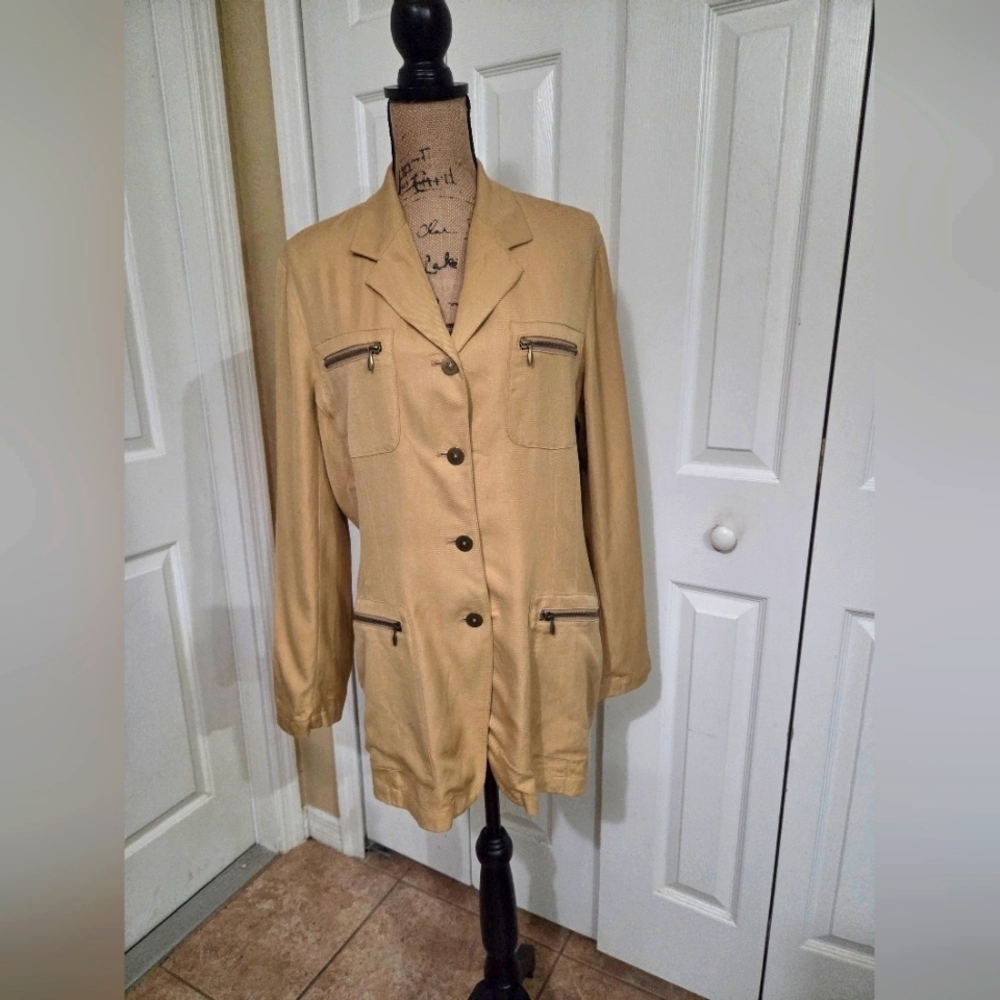 Emanuel Ungaro 100% Silk Tan Blazer with Zipper Pockets Size 8